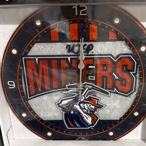 UTEP Miners Art-Glass Wall Clock - Orange and Blue